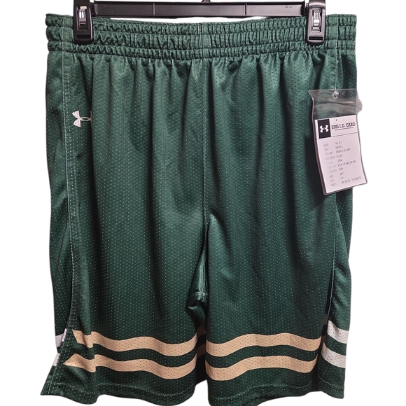 Under Armour Womens Green Basketball Shorts with Gold Stripes - Picture 1 of 4